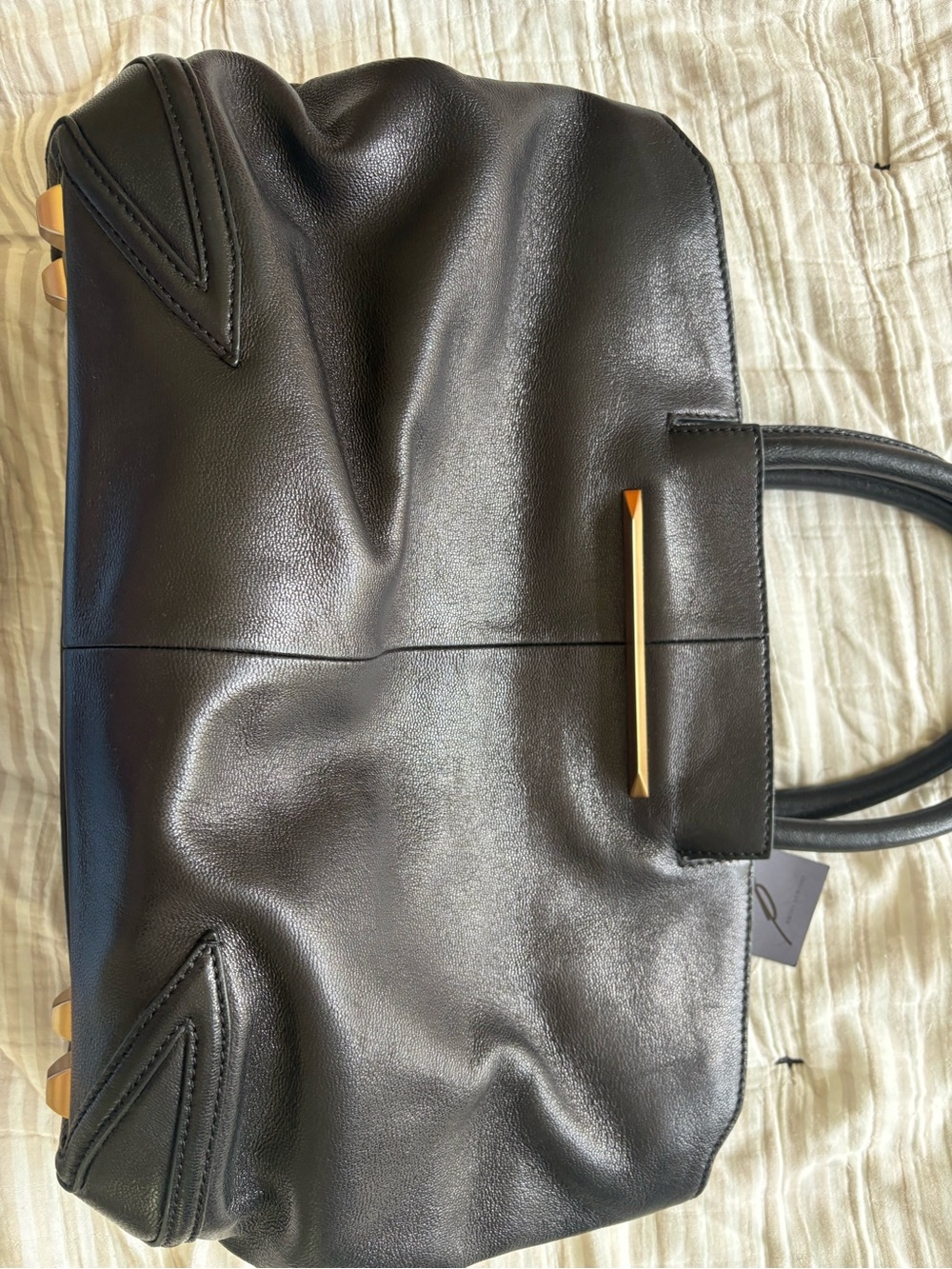 Brian Atwood Black Leather Bag with Gold Plaque